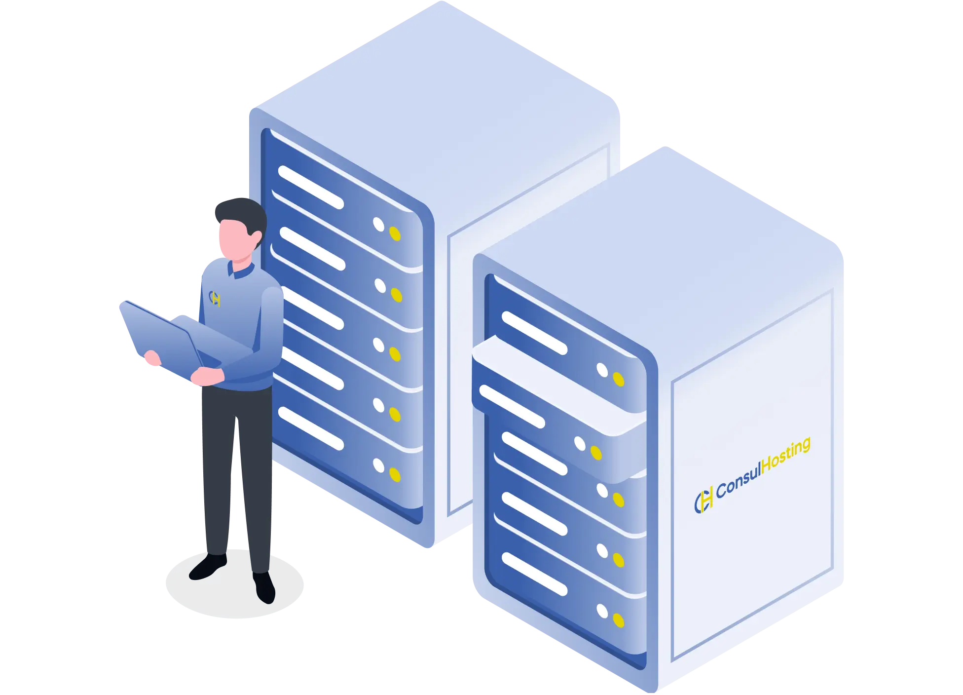 ConsulHosting medewerker die voor twee servers racks staat